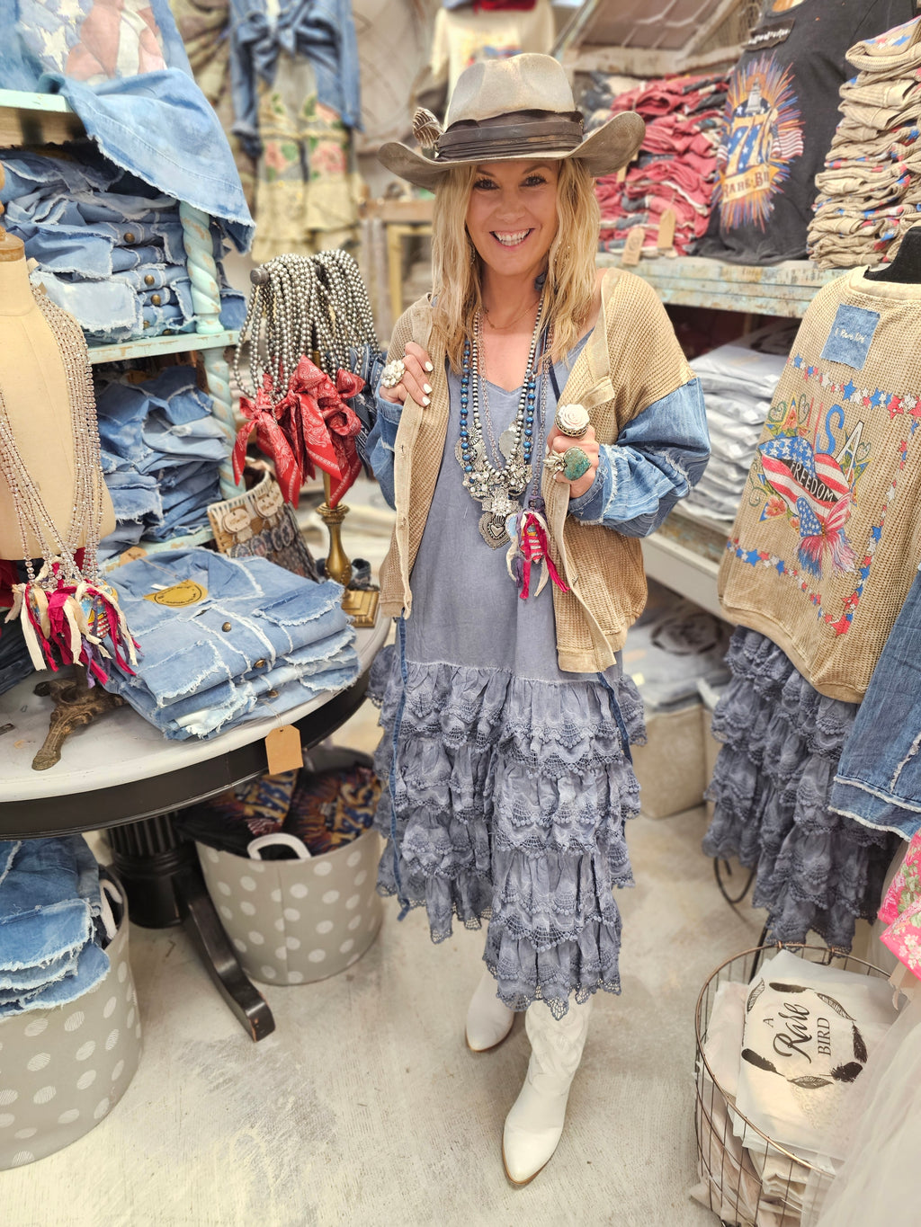 Denim Distressed Ruffle Slip Dress