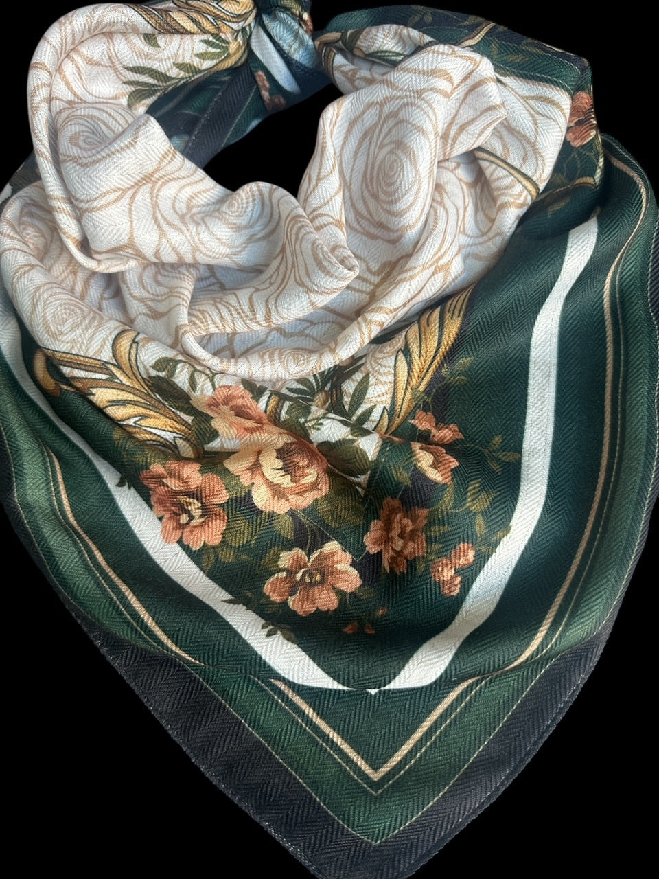 Hunter Green and White Roses Silk Velvet Wild Rag image 0