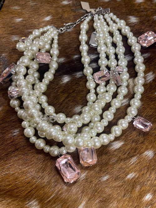 5 Strand Pearl Crystal Necklace image 1