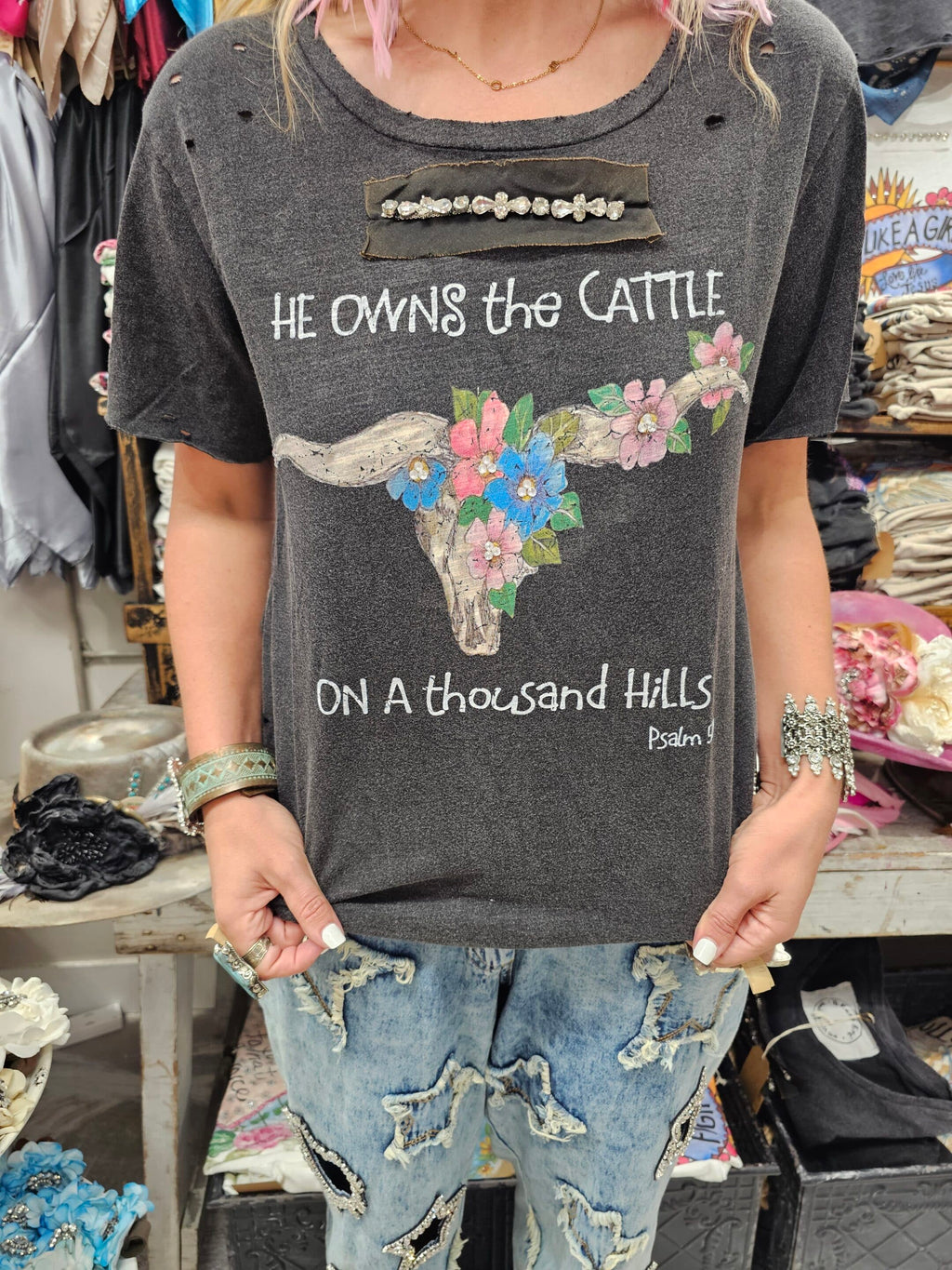 He Owns the Cattle Distressed Shirt image 0
