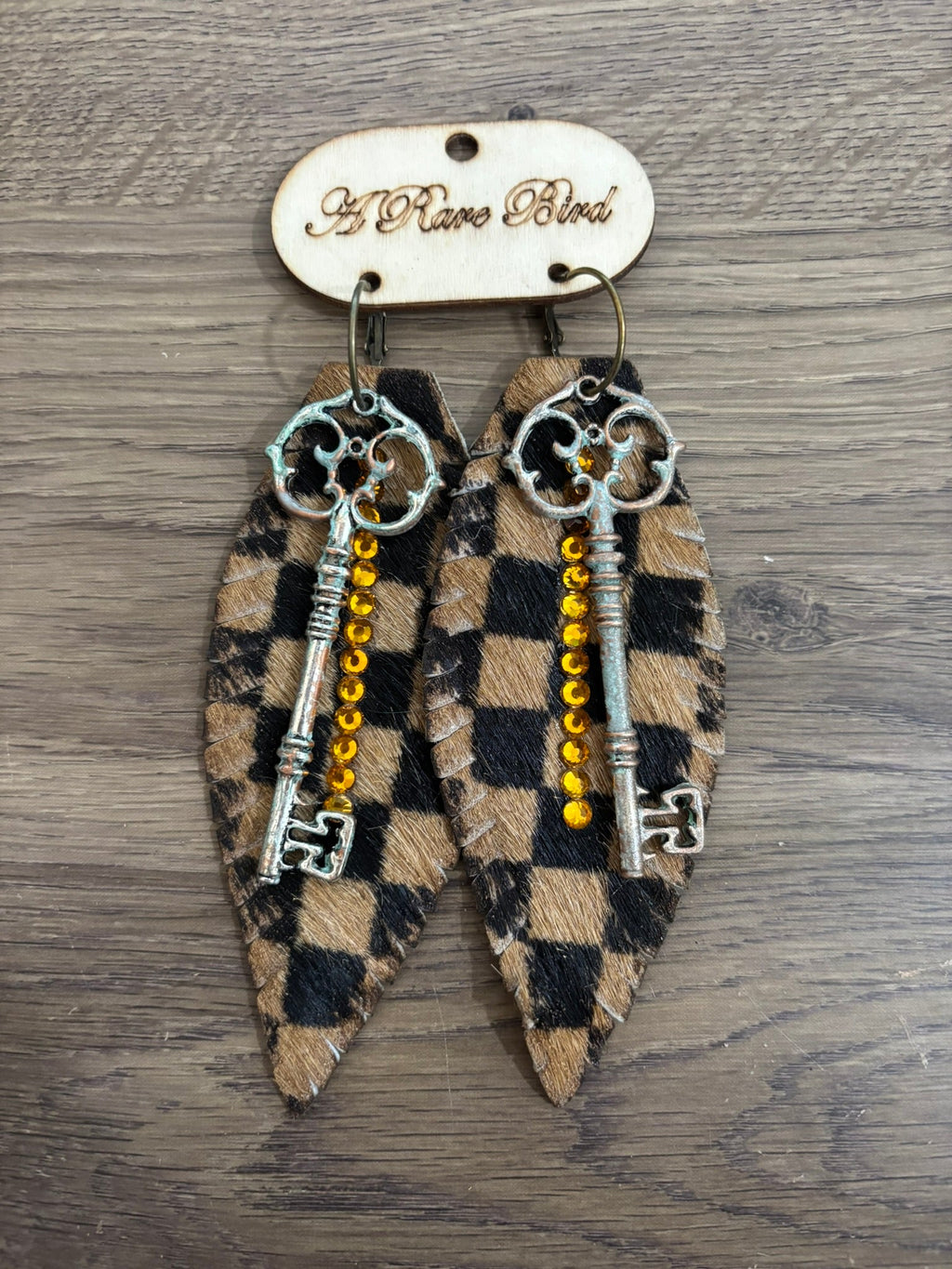 Checks and Keys Leather Feather Earrings