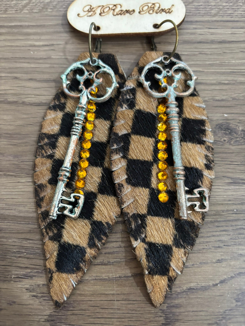 Checks and Keys Leather Feather Earrings