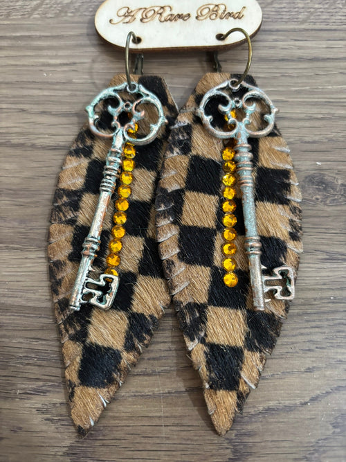 Checks and Keys Leather Feather Earrings