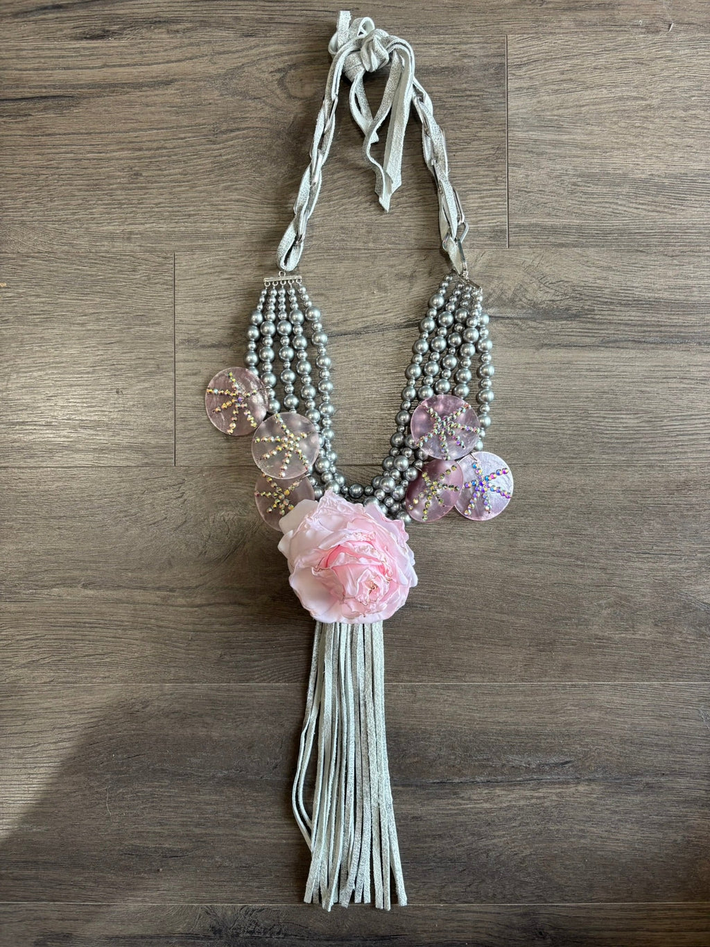 5 Strand Pink Silver Rose Necklace