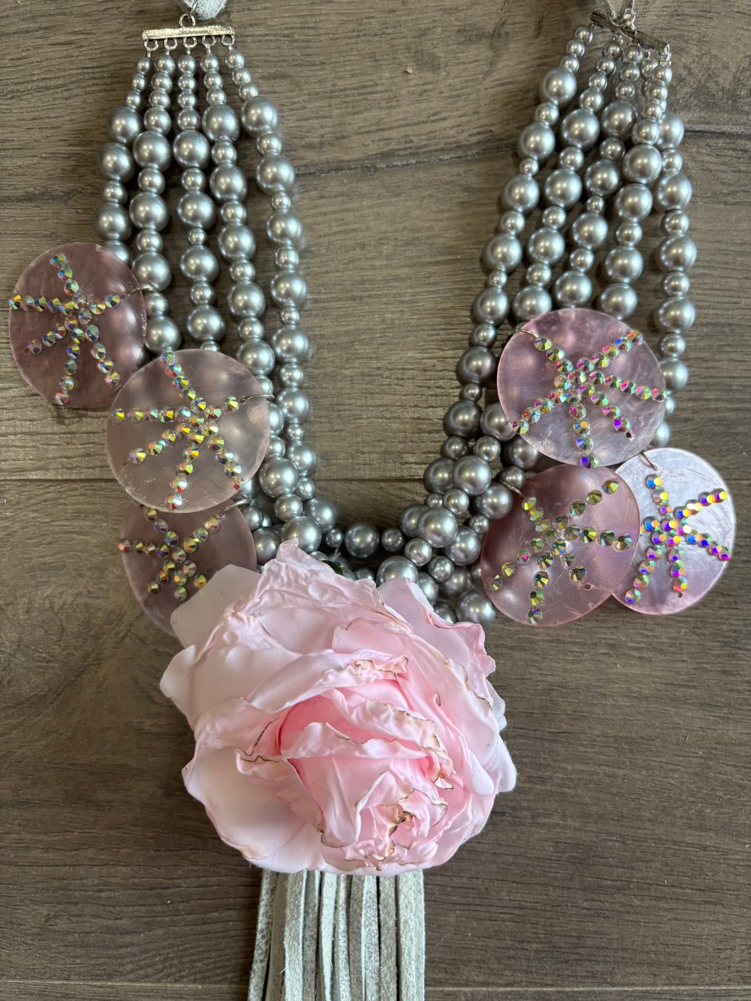5 Strand Pink Silver Rose Necklace