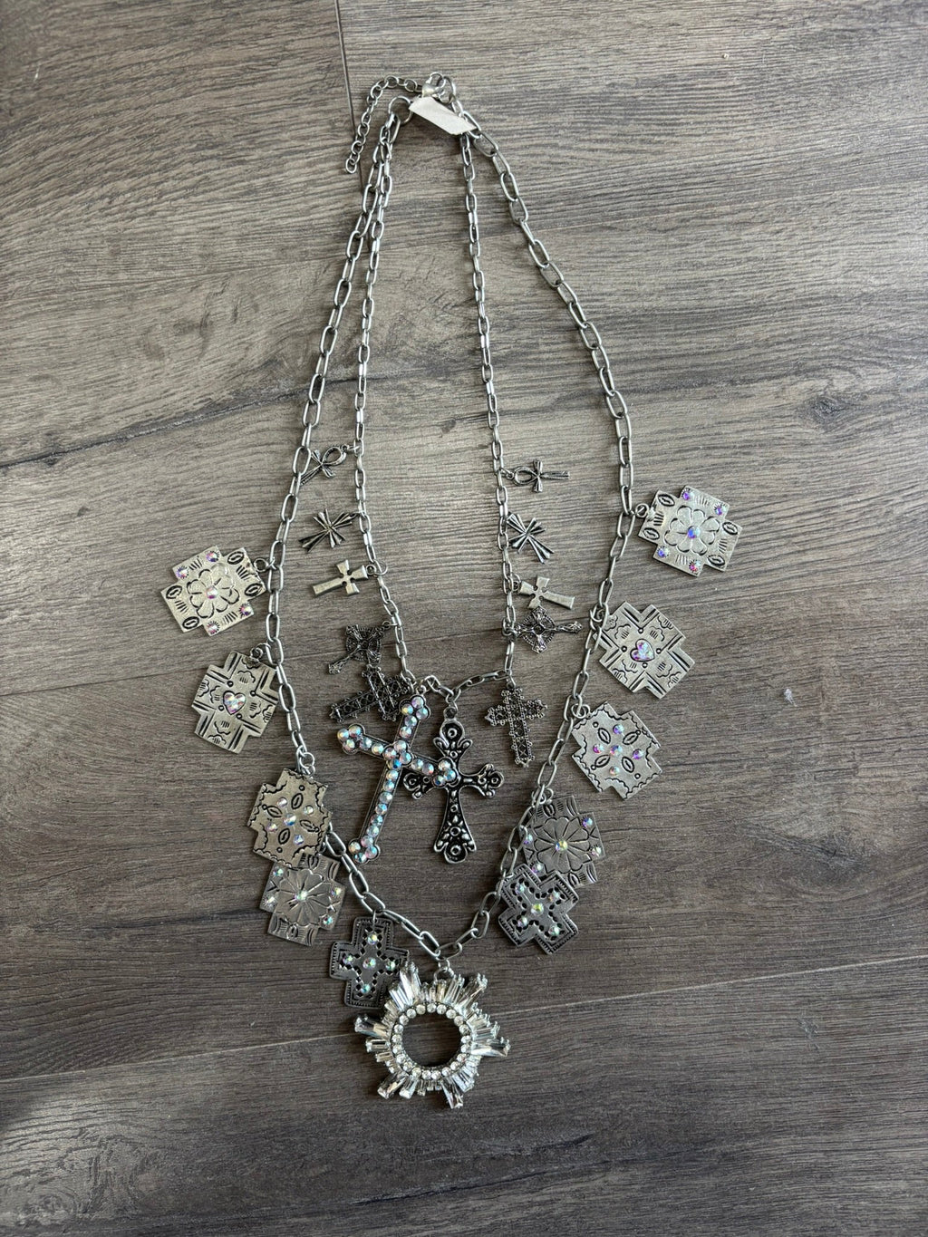 Silver Cross Layered Charm Necklace