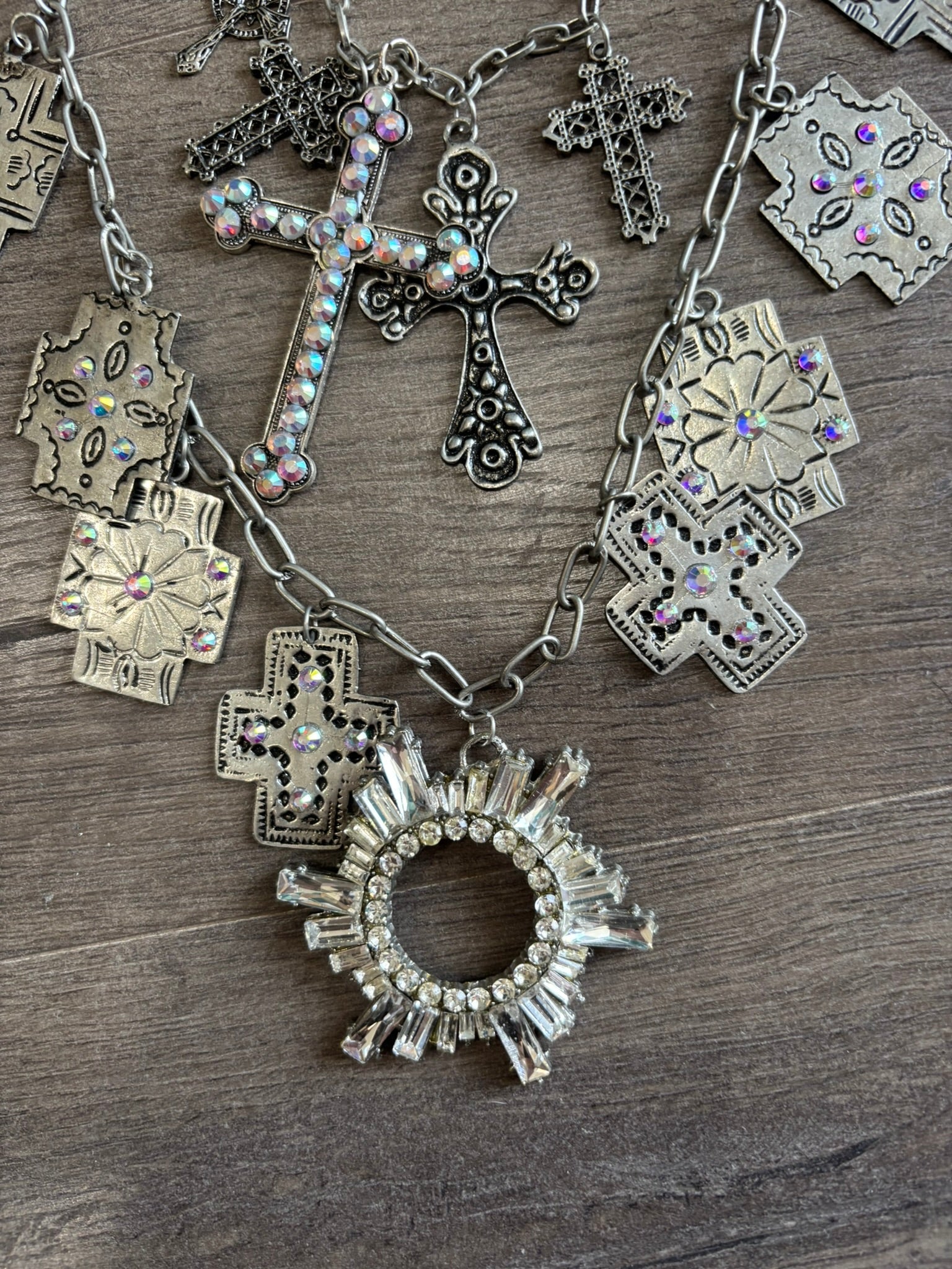 Silver Cross Layered Charm Necklace
