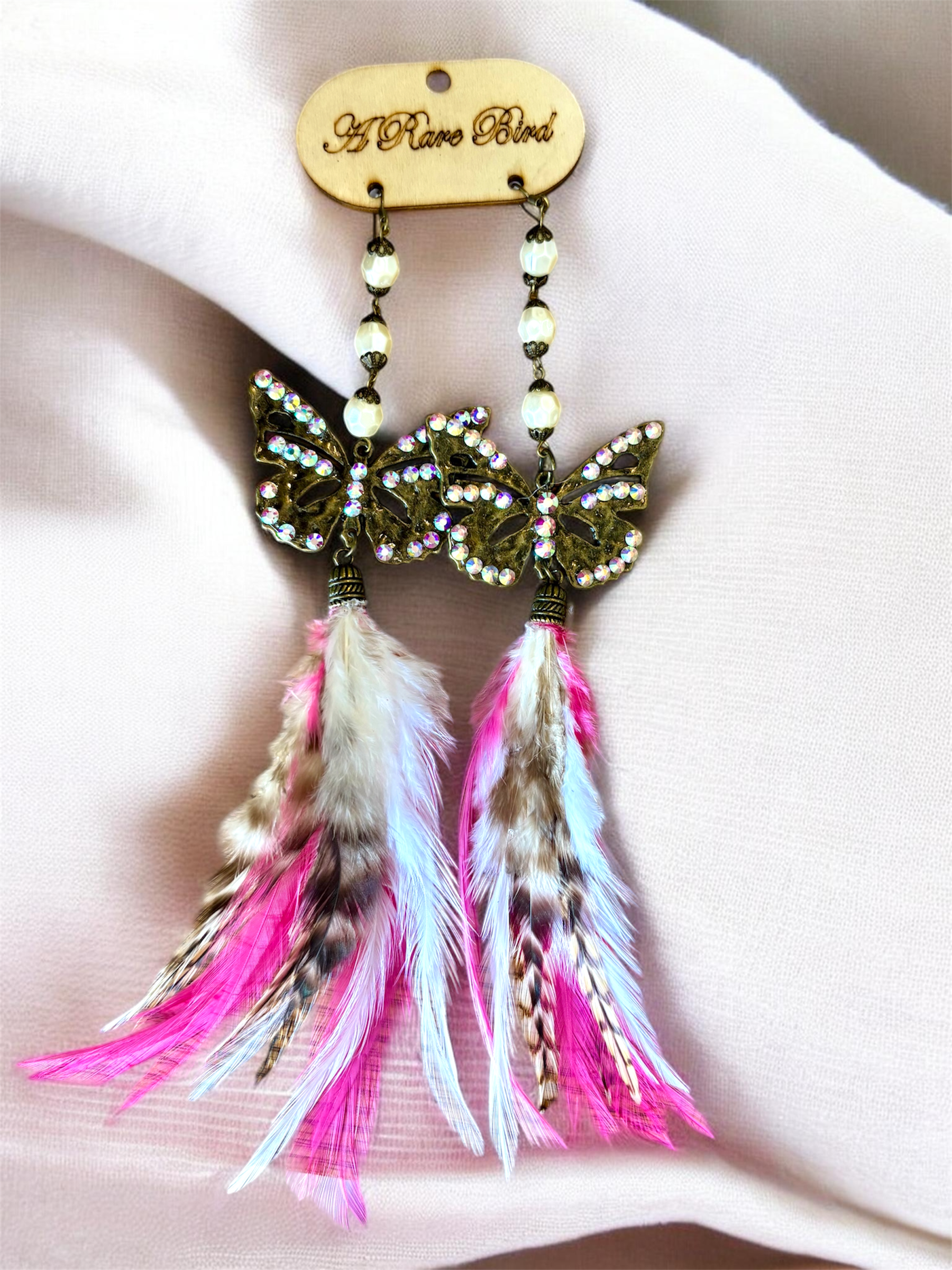 Pink Crystal Butterfly Feather Earrings
