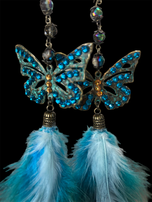 Blue Crystal Butterfly Feather Earrings