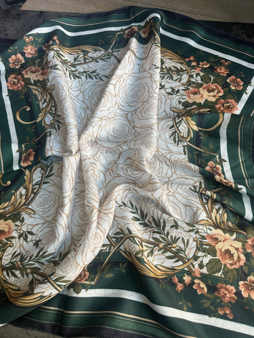Hunter Green and White Roses Silk Velvet Wild Rag image 2