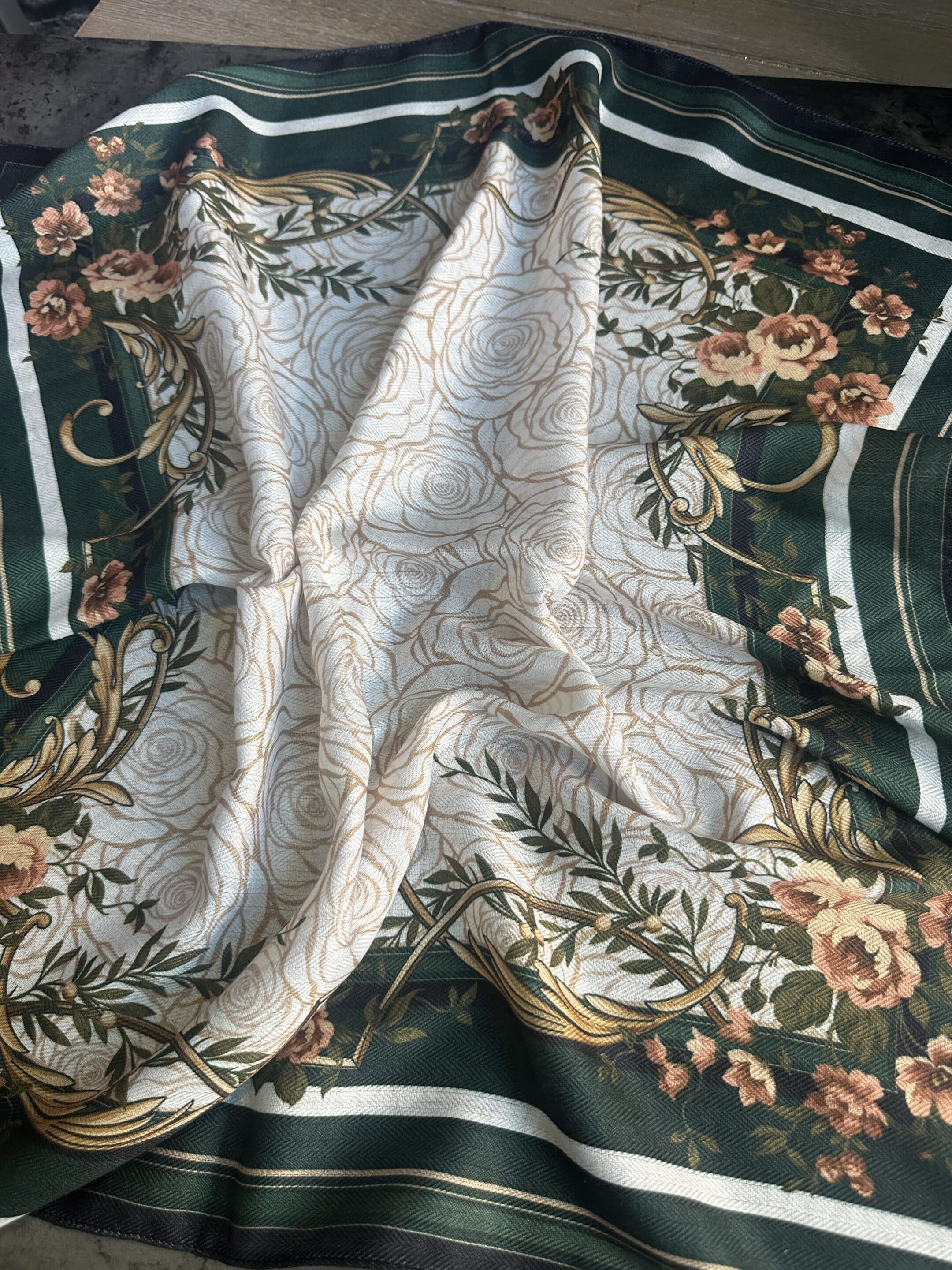 Hunter Green and White Roses Silk Velvet Wild Rag image 2
