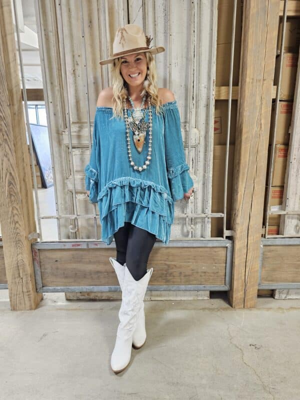 Turquoise Velvet Ruffle Top