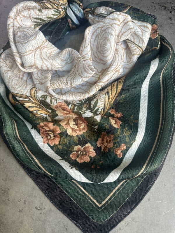 Hunter Green and White Roses Silk Velvet Wild Rag - Image 4