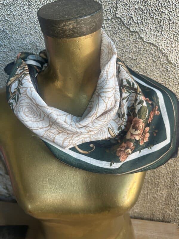 Hunter Green and White Roses Silk Velvet Wild Rag - Image 2