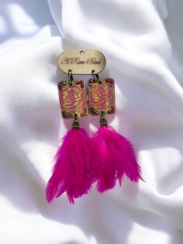 Magenta Feather Tooled Earrings - Image 2