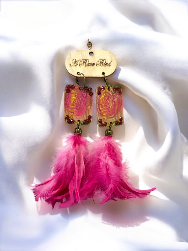 Magenta Feather Tooled Earrings - Image 3