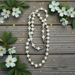 56" Authentic Pearls Crystals and Silver Bead Necklace