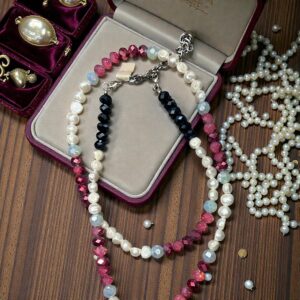Fuchsia and Navy Crystals with Authentic Pearls