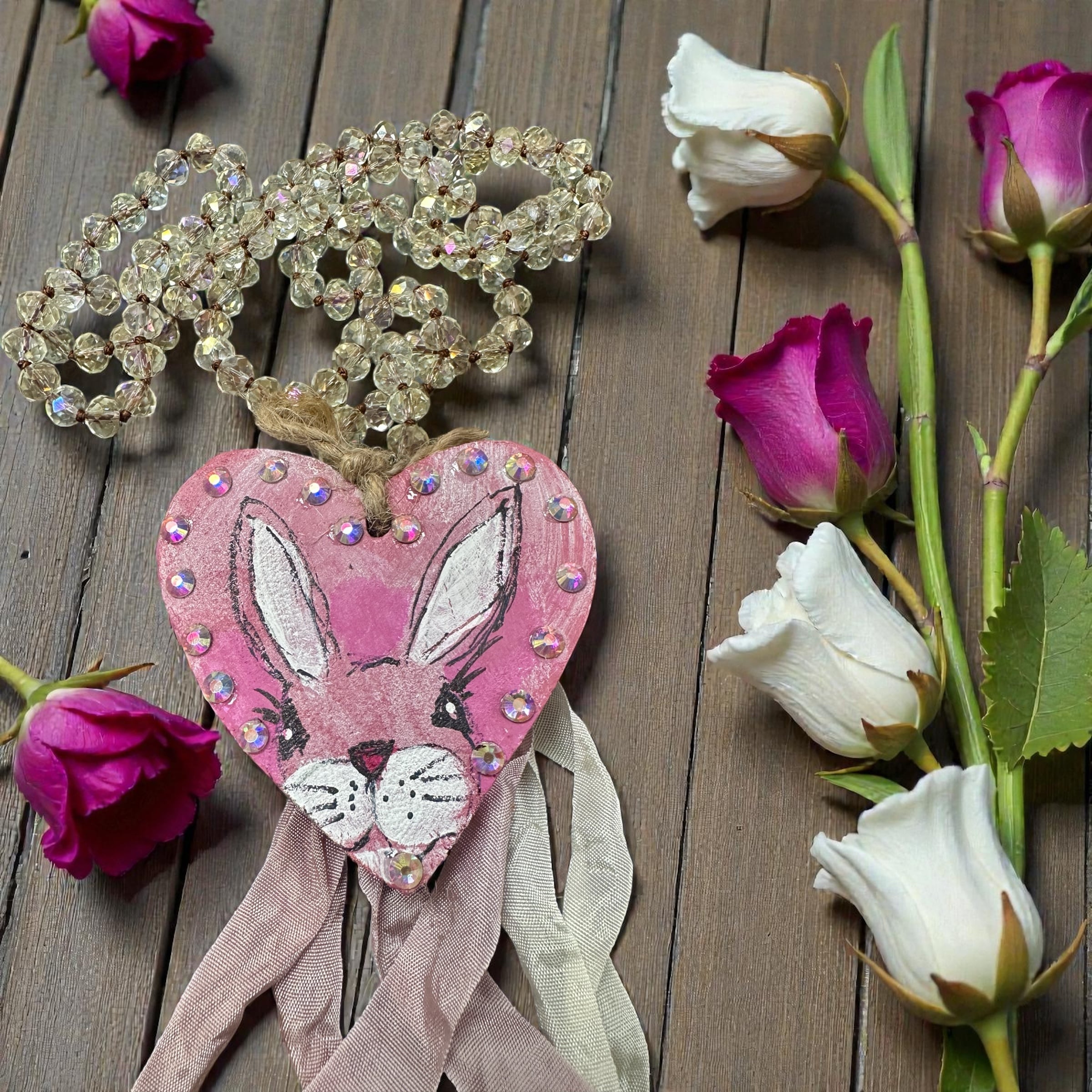 Hand Painted Bunny Wooden Heart - Image 2