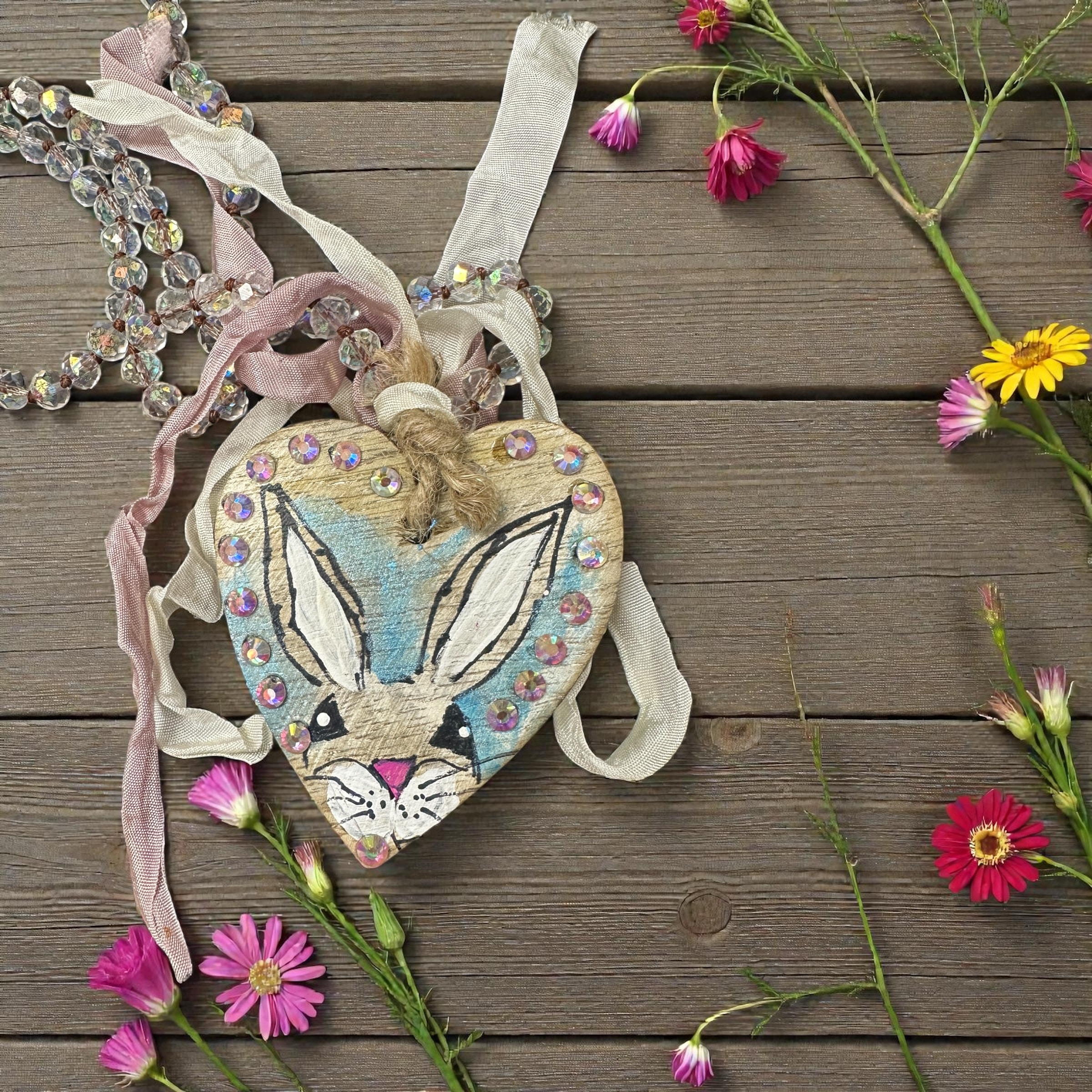 Hand Painted Bunny Wooden Heart - Image 4